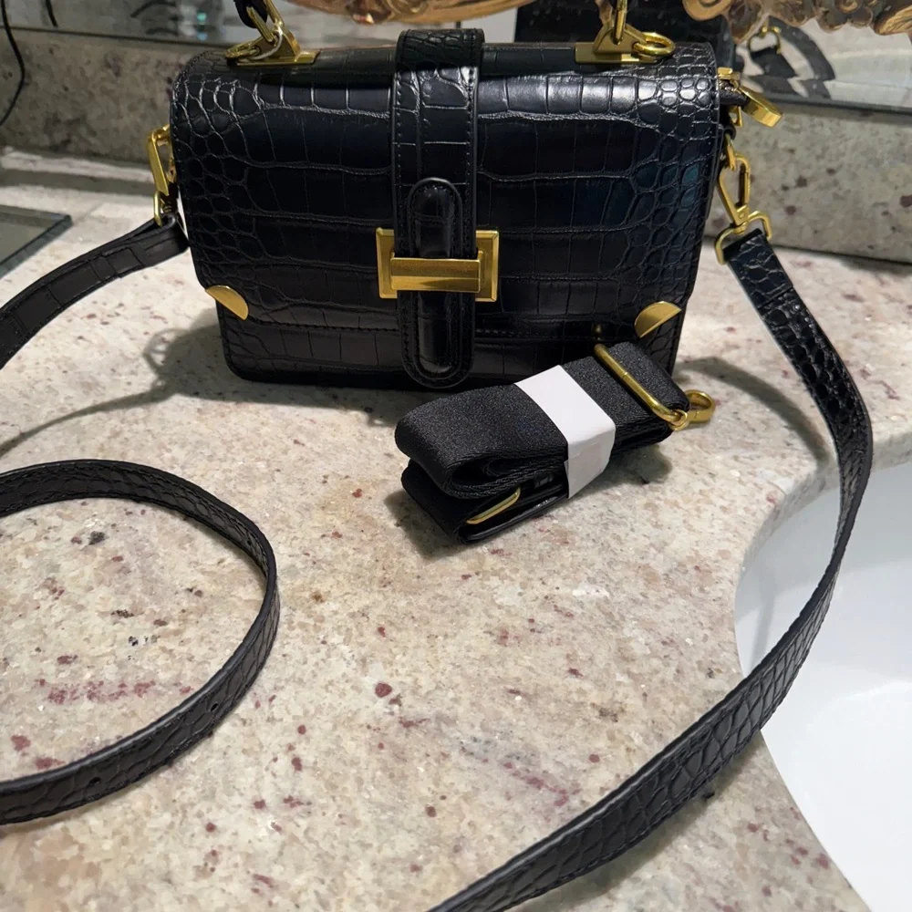 Black Croc-Embossed Crossbody Bag with Gold Accents - Picture 3 of 8